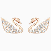 Load image into Gallery viewer, SWAN PIERCED EARRINGS, WHITE, ROSE-GOLD TONE PLATED