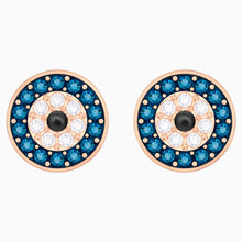 Load image into Gallery viewer, LUCKILY EVIL EYE PIERCED EARRINGS, MULTI-COLORED, ROSE-GOLD TONE PLATED
