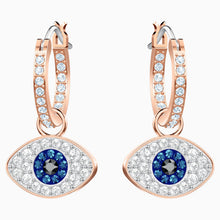 Load image into Gallery viewer, SWAROVSKI SYMBOLIC EVIL EYE HOOP PIERCED EARRINGS, MULTI-COLORED, ROSE-GOLD TONE PLATED