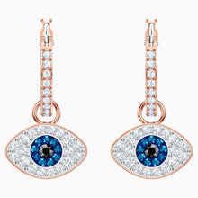 Load image into Gallery viewer, SWAROVSKI SYMBOLIC EVIL EYE HOOP PIERCED EARRINGS, MULTI-COLORED, ROSE-GOLD TONE PLATED